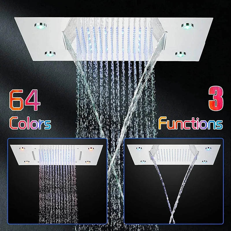 Cabezal de ducha de techo cepillado con luces LED, grifo de lluvia grande de 36x50cm, grifo de baño, pulverizador cuadrado inteligente de acero inoxidable