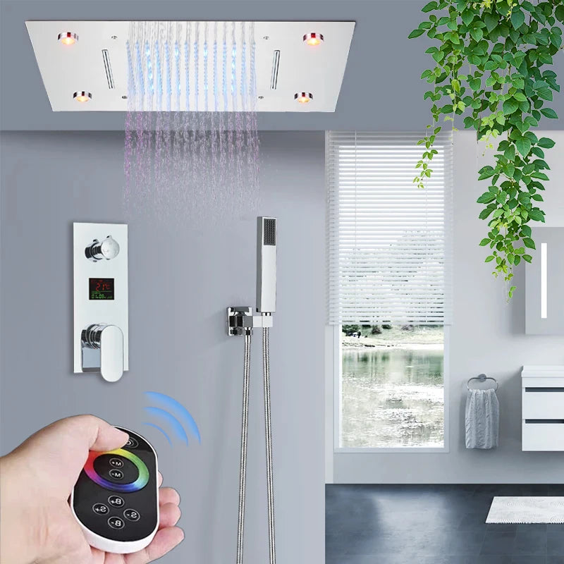 LED Embedded Ceiling Shower Set Intelligent Remote Control Bathroom Shower Faucet Digital Display Concealed Tap with Handshower