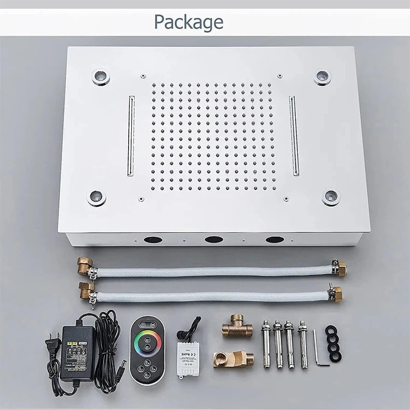 Cabezal de ducha de techo cepillado con luces LED, grifo de lluvia grande de 36x50cm, grifo de baño, pulverizador cuadrado inteligente de acero inoxidable