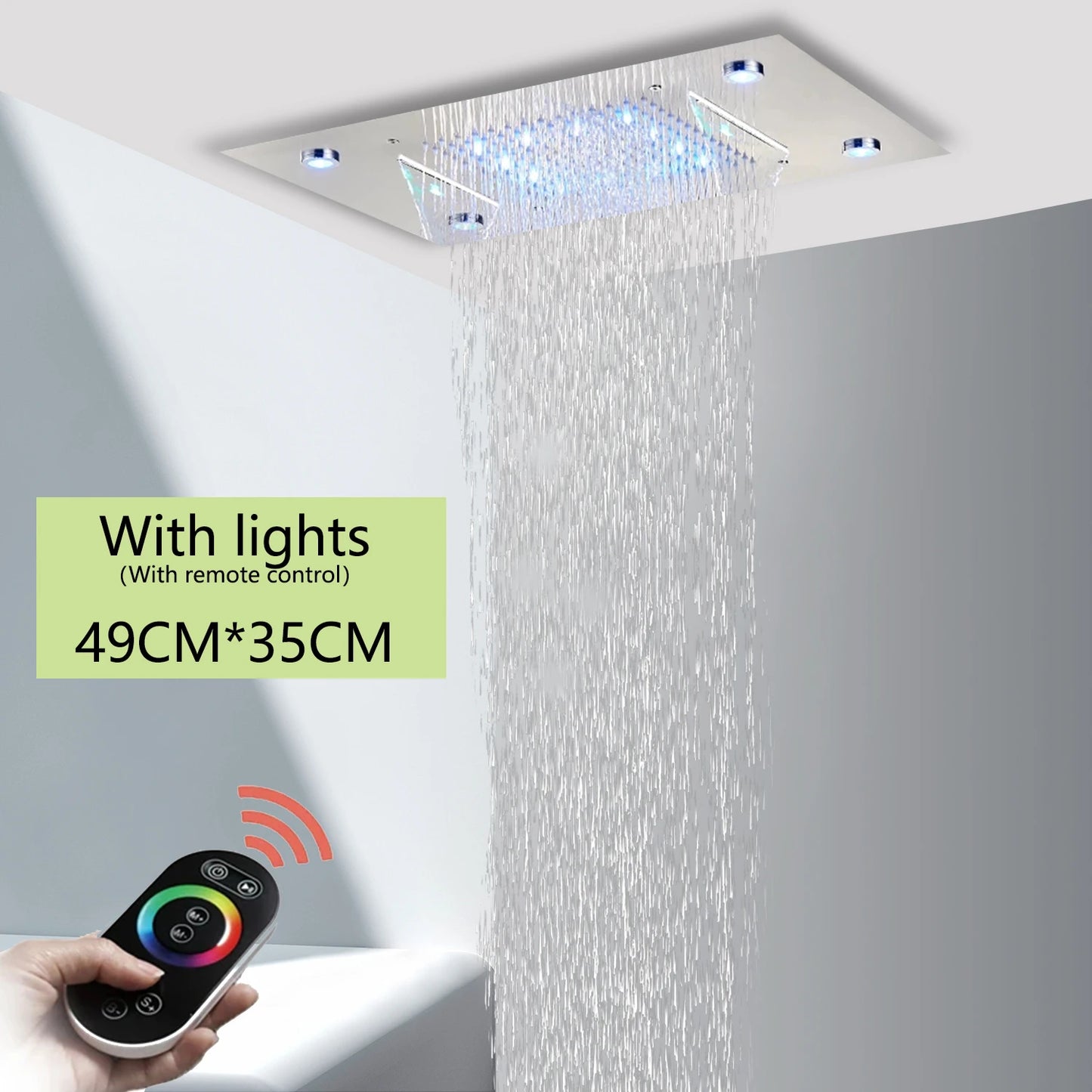Cabezal de ducha de techo cepillado con luces LED, grifo de lluvia grande de 36x50cm, grifo de baño, pulverizador cuadrado inteligente de acero inoxidable