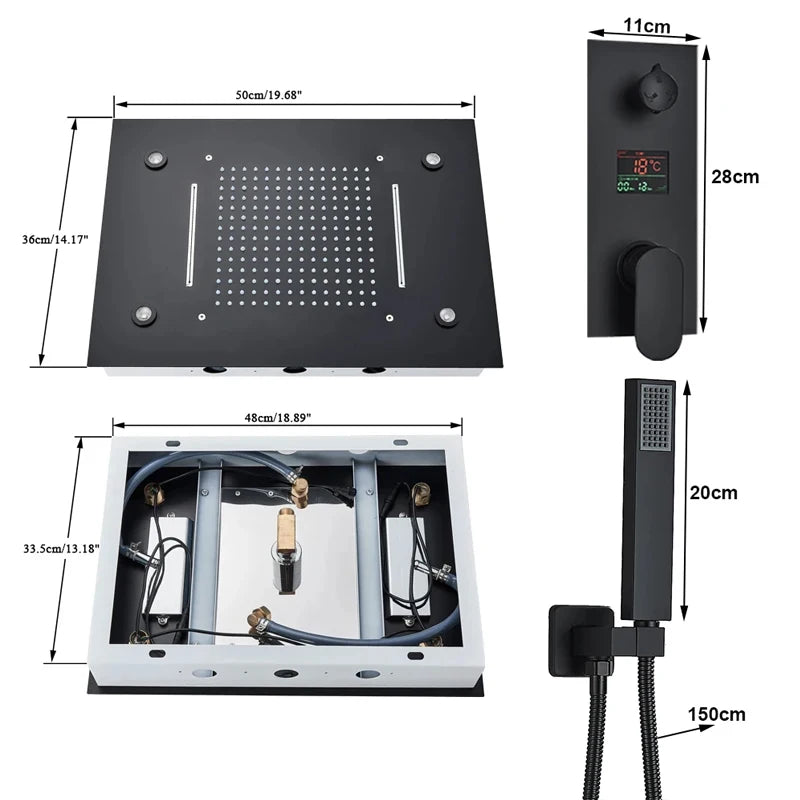 LED Embedded Ceiling Shower Set Intelligent Remote Control Bathroom Shower Faucet Digital Display Concealed Tap with Handshower