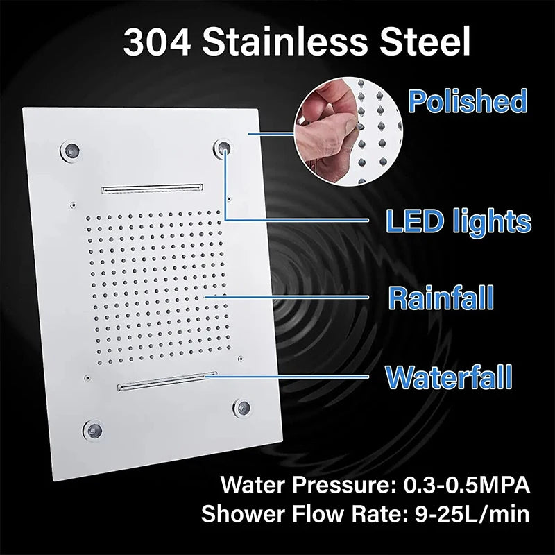 Cabezal de ducha de techo cepillado con luces LED, grifo de lluvia grande de 36x50cm, grifo de baño, pulverizador cuadrado inteligente de acero inoxidable