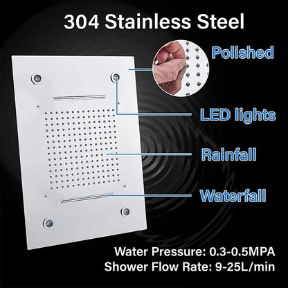Cabezal de ducha de techo cepillado con luces LED, grifo de lluvia grande de 36x50cm, grifo de baño, pulverizador cuadrado inteligente de acero inoxidable
