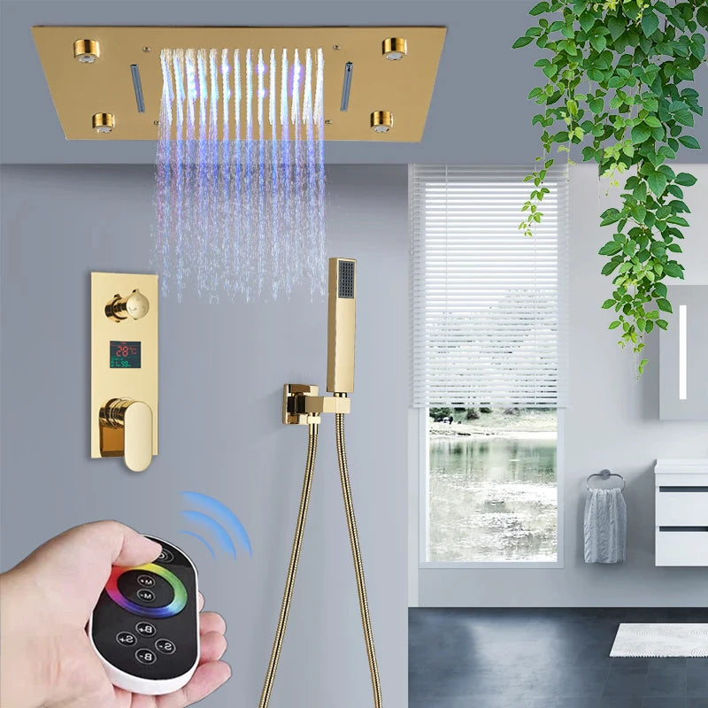 LED Embedded Ceiling Shower Set Intelligent Remote Control Bathroom Shower Faucet Digital Display Concealed Tap with Handshower
