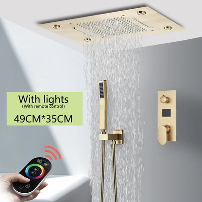Cabezal de ducha de techo cepillado con luces LED, grifo de lluvia grande de 36x50cm, grifo de baño, pulverizador cuadrado inteligente de acero inoxidable