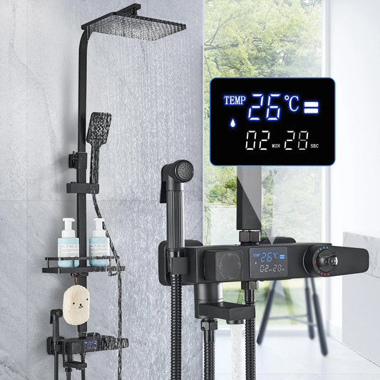 Black Smart Thermostatic Shower Faucet Set Bathroom Intelligent Rainfall Digital Mixer Tap With Rack and Bidet Bath System