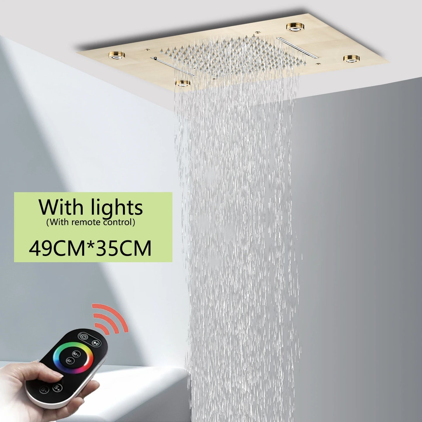 Cabezal de ducha de techo cepillado con luces LED, grifo de lluvia grande de 36x50cm, grifo de baño, pulverizador cuadrado inteligente de acero inoxidable