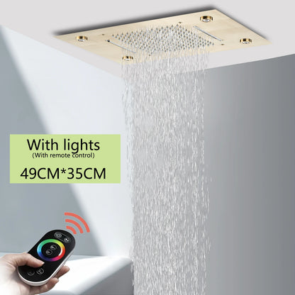 Cabezal de ducha de techo cepillado con luces LED, grifo de lluvia grande de 36x50cm, grifo de baño, pulverizador cuadrado inteligente de acero inoxidable
