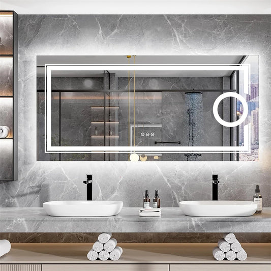 Large Bathroom Mirror LED Magnifying Wall Vanity Mirror with Demisting, Smart Touch Backlit & Front,  Memory Light Dimmable