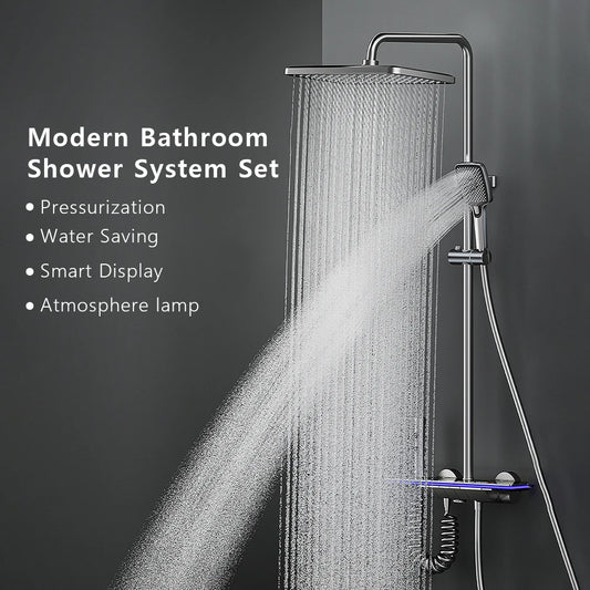 Bathroom Smart Shower System Set Bathtub Rainfall Digital Display Temperature Mixer Rain Shower Faucet Sets with Atmosphere Lamp