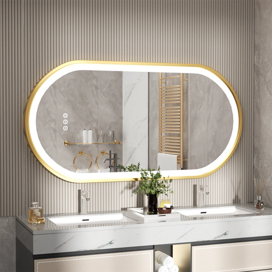 Espejo de baño ovalado con marco dorado, espejo de tocador inteligente antiniebla, LED iluminado, espejo de maquillaje innovador, antivaho, regulable
