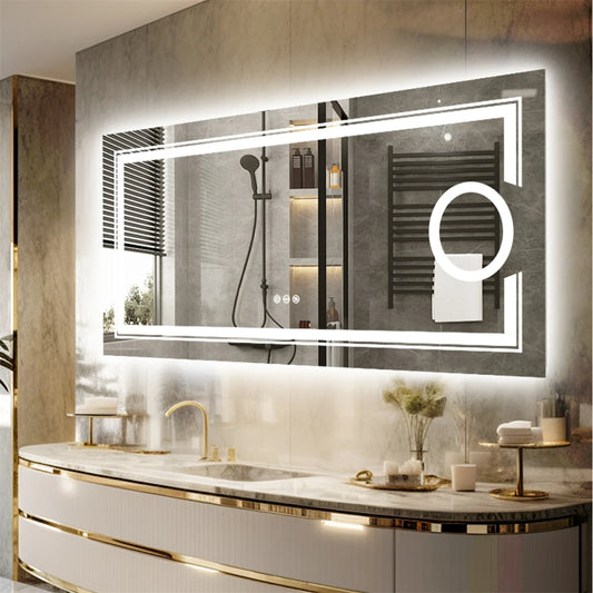 Large Bathroom Mirror LED Magnifying Wall Vanity Mirror with Demisting, Smart Touch Backlit & Front,  Memory Light Dimmable