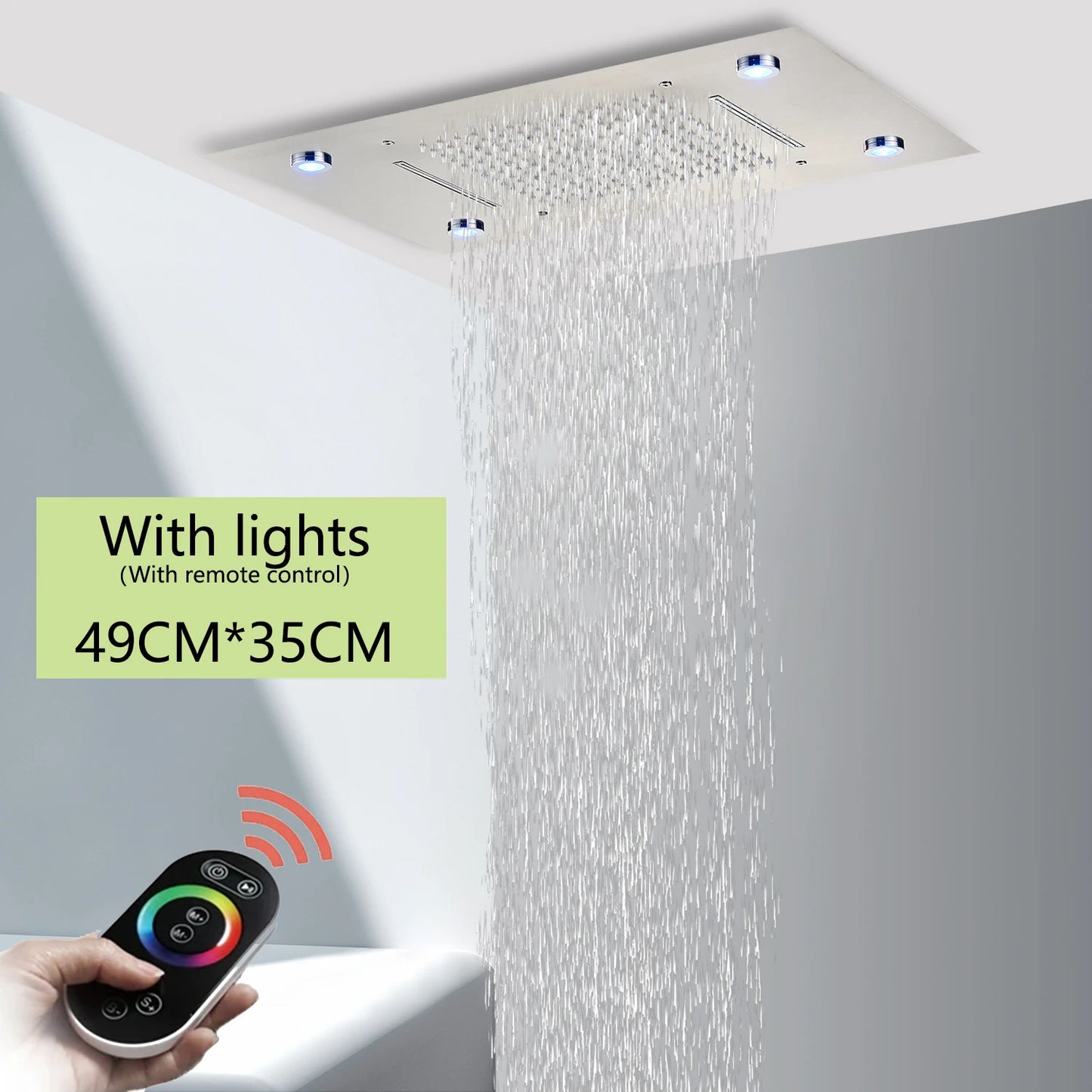 Cabezal de ducha de techo cepillado con luces LED, grifo de lluvia grande de 36x50cm, grifo de baño, pulverizador cuadrado inteligente de acero inoxidable